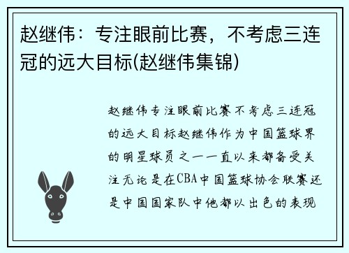 赵继伟：专注眼前比赛，不考虑三连冠的远大目标(赵继伟集锦)